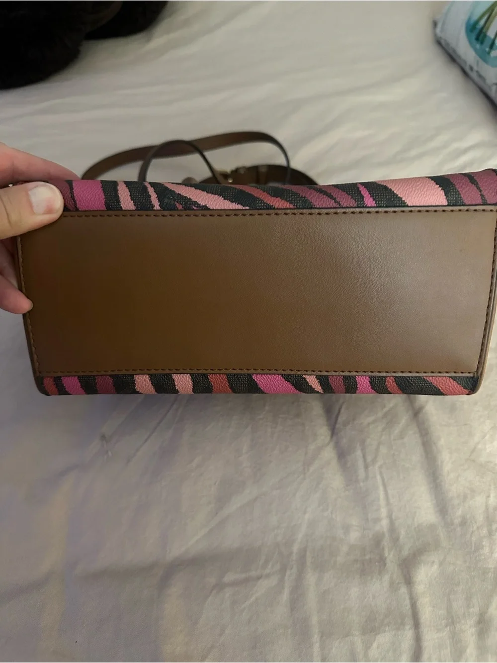 Michael Kors Pink and Black Zebra Print Satchel with Brown Trim
